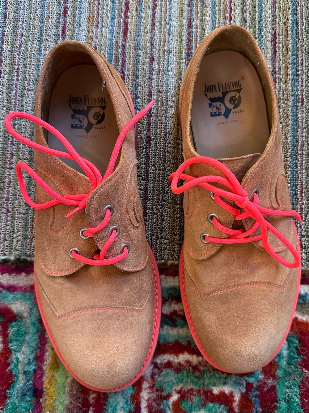 Fluevog 7th Heaven Derby Swirl suede lace-up derby shoe orange/pink -11.5 - Picture 9 of 16